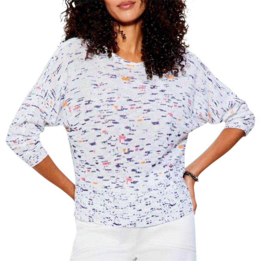 Nic+Zoe Spring Skies Sweater‎ XXL Linen Blend Cream Blue Coastal Feminine Beachy